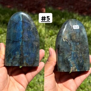 May include: Two polished labradorite stones with a rounded top arch shape. The left stone displays a vibrant blue flash across its surface. The right stone features a mix of blue and gold iridescence with a small white sticker labeled 262.