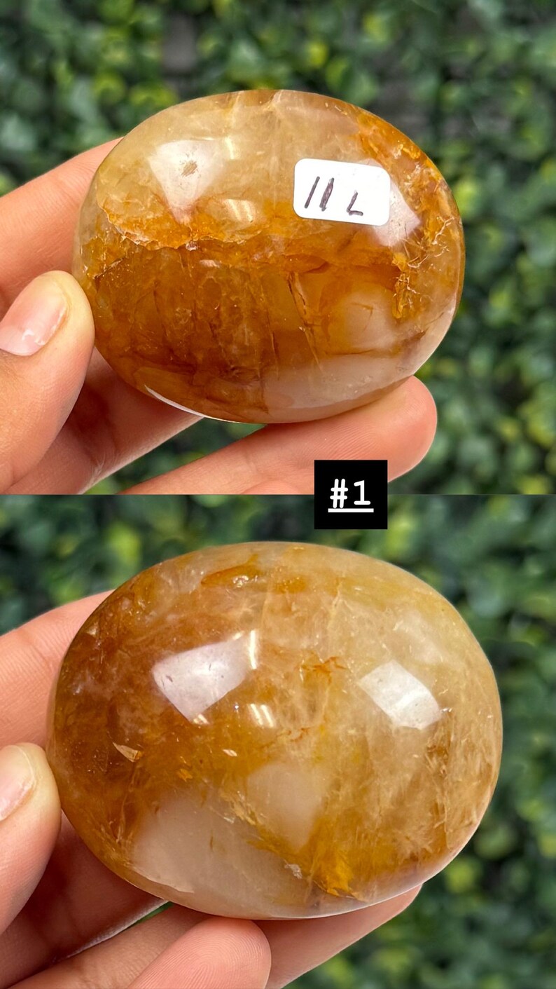 May include: Two polished, oval-shaped gemstones with a golden-brown hue. The stones have a translucent quality with internal patterns. One stone has a sticker with the number "11 L" and the other has the number "#1".