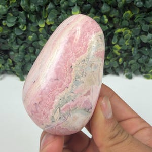 May include: A polished, oval-shaped gemstone with a pink and white marbled pattern. The stone has a smooth surface and is held in a hand. The background is a blurred green foliage.