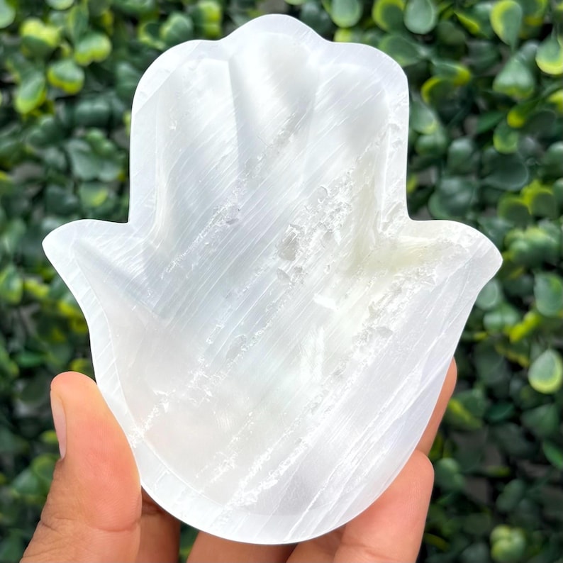 Satin Spar Bowl 4 in. | Medium Selenite Bowl | Cleansing and Spiritual Growth Hand (hamsa)