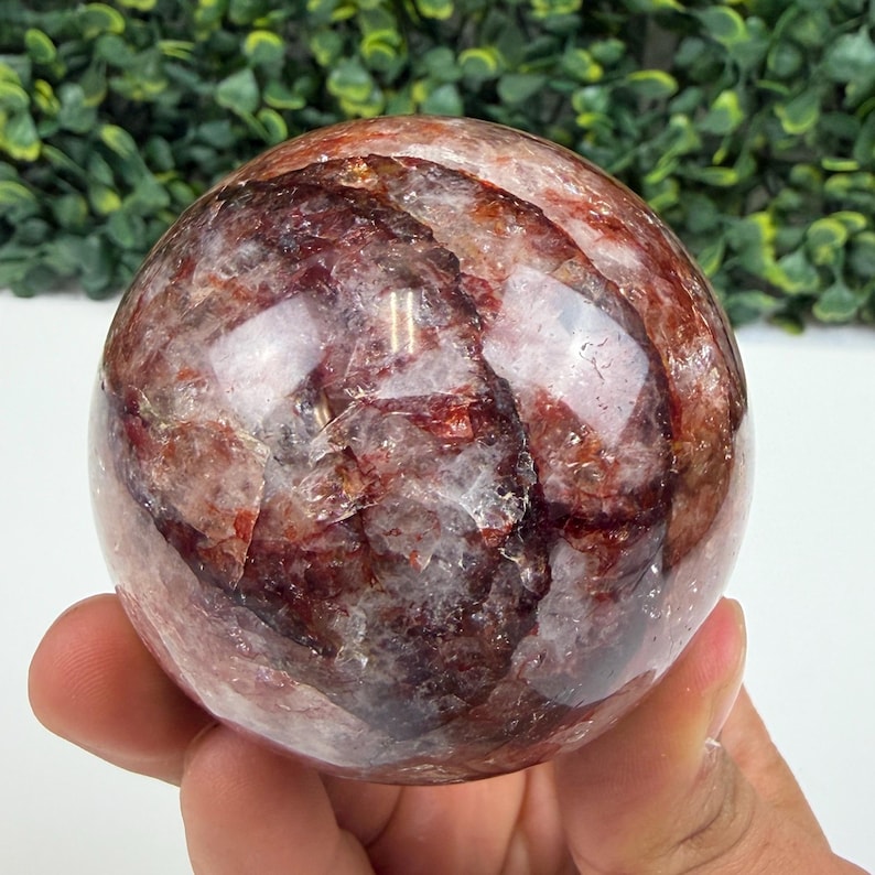 May include: A polished, spherical gemstone with a mix of red, brown, and clear inclusions. The orb is held in a hand, showcasing its smooth, reflective surface. The background features green foliage.