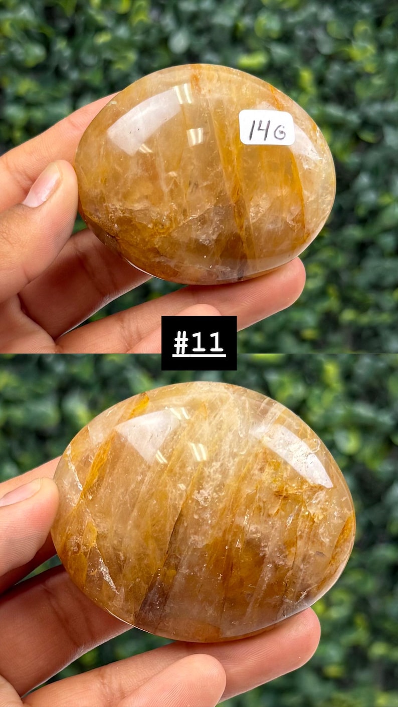 May include: Two golden-brown, polished gemstones are held in a person's hand. The stones have a smooth, rounded shape with internal striations. One stone has a sticker that says "146" and the other has a sticker that says "#11".