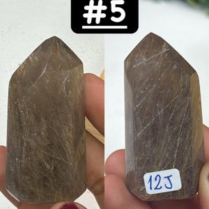 May include: Two brown quartz crystal points with internal inclusions. The crystals are held in hands, with a black square label above the crystals that reads "#5". A small white label on one crystal reads "12J".