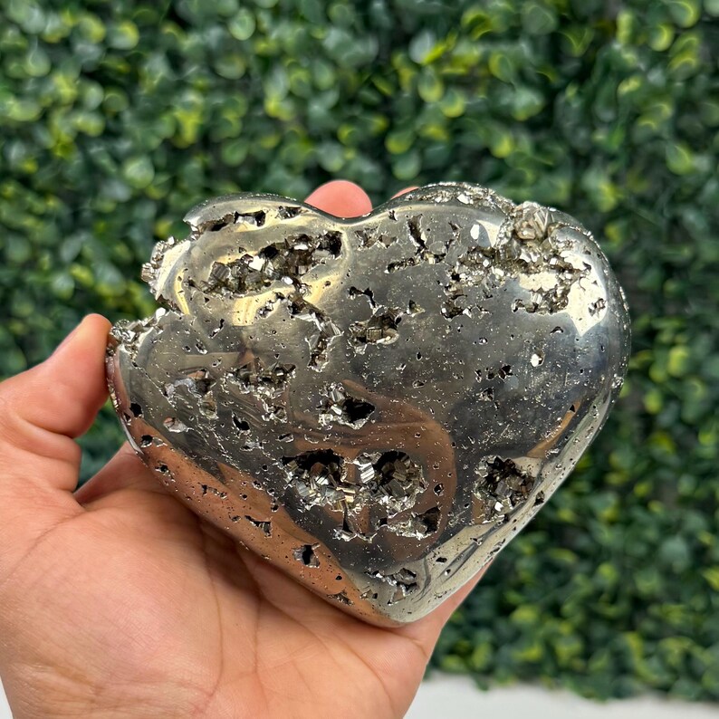 May include: A heart-shaped pyrite stone with a metallic, silver-gold luster. The surface has a rough, textured appearance with small, irregular cavities. The stone is held in a hand against a backdrop of green foliage.