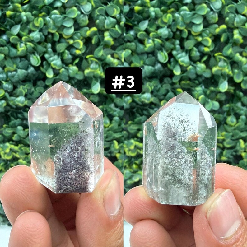 May include: Two clear quartz crystal points with internal inclusions are displayed. The crystals have a hexagonal shape and are held up against a green leafy background. The text "#3" is in a black rectangle.
