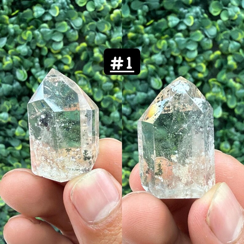 May include: Two clear quartz crystal points with visible inclusions are held up against a green leafy background. The crystals are faceted and have a hexagonal shape. The image includes a white rectangle with the text "#1".