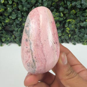 May include: A polished, oval-shaped gemstone with a pink and white striped pattern, featuring gray and black inclusions. The stone is held in a hand, with a green leafy background.