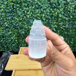 May include: A clear, layered selenite tower, held in a hand, against a backdrop of green foliage. The selenite has a stacked, cylindrical shape, with visible layers. The crystal is translucent, allowing light to pass through. The tower is approximately 4 inches tall.