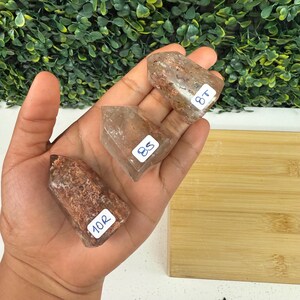 May include: Three brown and clear quartz crystal points with red and orange inclusions are held in a hand. Each crystal has a white sticker with a number on it. The crystals are on a wooden surface with green foliage in the background.