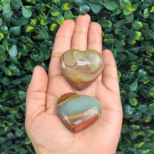 Puede incluir: Dos piedras en forma de coraz&oacute;n con patrones naturales en tonos marr&oacute;n, beige, rojo y verde. Las piedras se sostienen en una mano abierta sobre un fondo de follaje verde. Las piedras pulidas son probablemente decorativas o para exhibici&oacute;n.