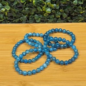 May include: Several blue beaded bracelets are arranged on a wooden surface. The bracelets are made of small, round, light blue beads. The bracelets are a vibrant shade of blue and appear to be made of a natural stone. The background features green foliage.