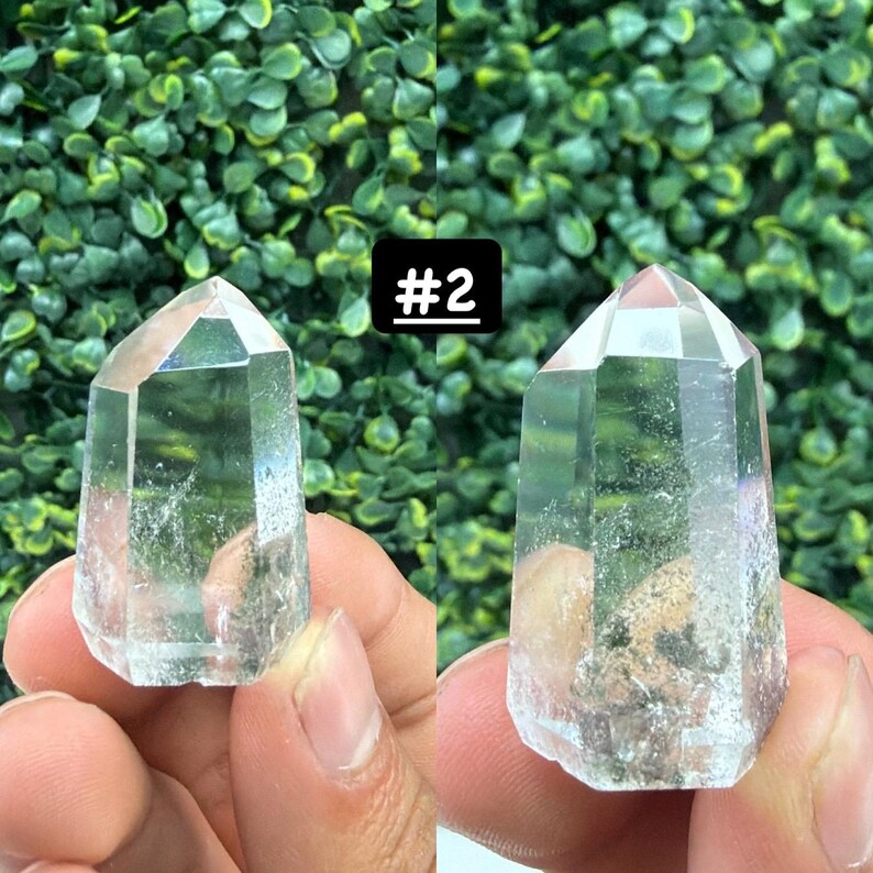 May include: Two clear quartz crystal points with visible inclusions. The crystals are held against a backdrop of green foliage. The text "#2" is displayed in a black rectangle above the crystals.
