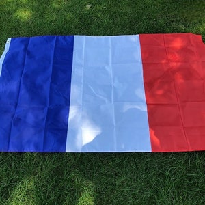 Puede incluir: Una bandera francesa rectangular con franjas verticales azules, blancas y rojas. La bandera está hecha de un material ligero y se muestra al aire libre sobre una superficie de hierba. Tiene ojales para colgar.