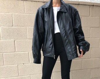 Women's Handmade Oversize Real Leather Vintage Style Black Bomber Jacket, Women's Leather Jacket