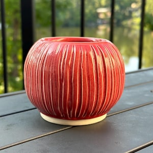 May include: A red ceramic vase with vertical ribbed detailing. The vase has a rounded shape and sits on a white base. The background shows a blurred view of a lake and trees.