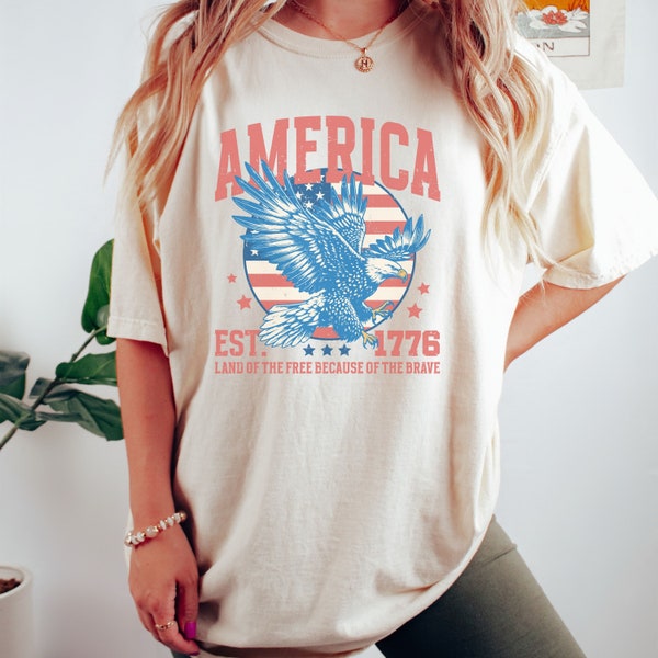 Women's America Comfort Colors® T-Shirt, 4th Of July Tee, USA Shirt, Vintage 1776 TShirt, Summer BBQ Oversized Top, Eagle Pride Patriot Her