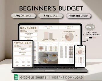Budget spreadsheet for google sheets, beginner's financial planner, month budget, weekly budget, spreadsheet template, beige