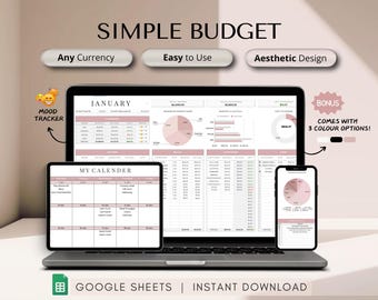 Hoja de cálculo de presupuesto simple para Google Sheets, plantilla de presupuesto, plantilla de presupuesto mensual, planificador mensual, planificador financiero, rastreador de gastos