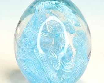Vintage Blue Murano Latticino Lattice Glass Egg Scramble Paperweight Fratelli Toso Italian Italy Unique Light Sky Blue Art Glass Decor