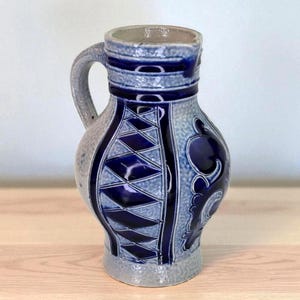 Vintage Signed Reinh Merkelbach Hohr Grenzhausen German Salt Glaze Pottery Pitcher Handmade Signed Studio Pottery Blue Salt Glaze Pitcher