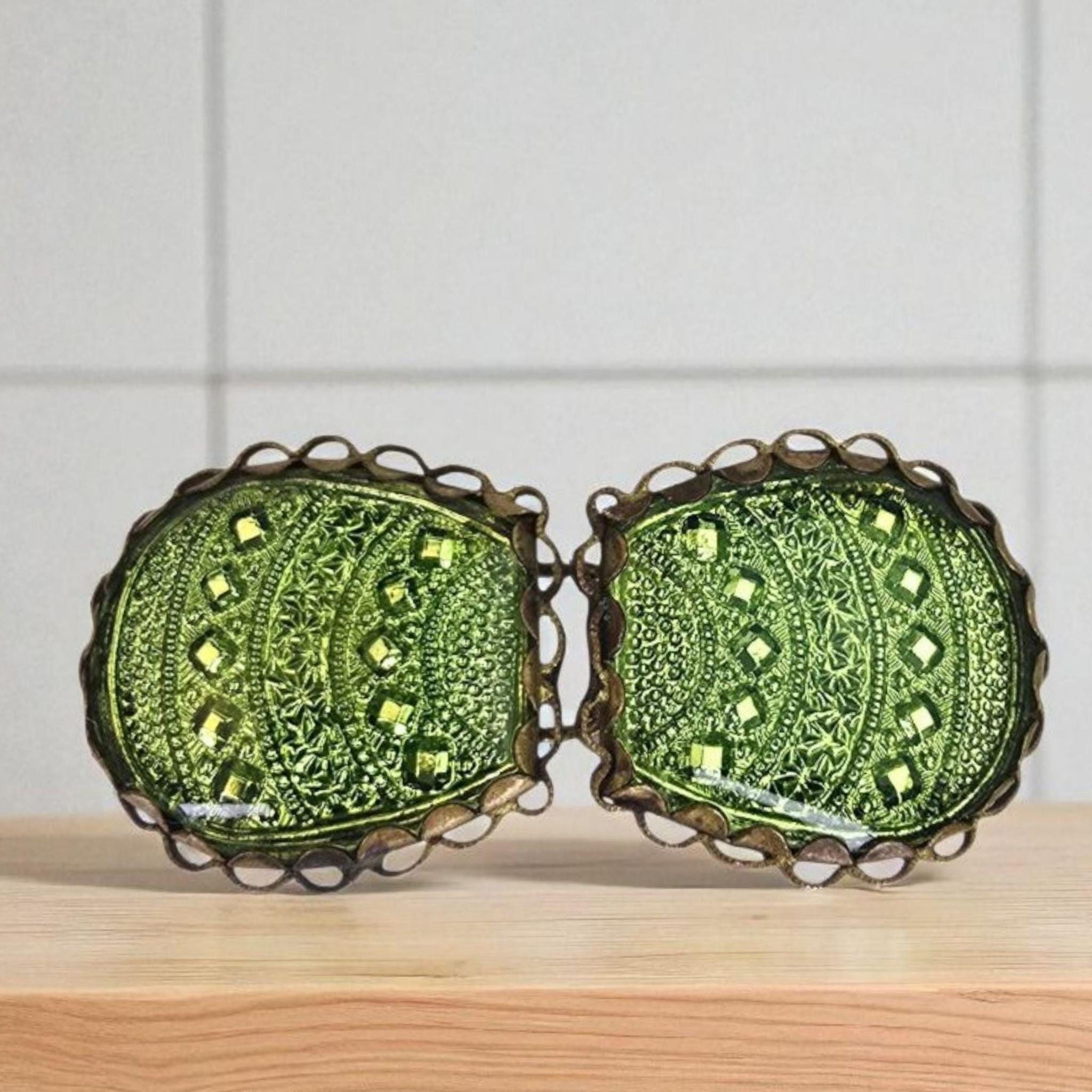 Vintage 1930\'s Green and Gold Art Deco Czech‎ Glass Belt Sash Buckle Antique Signed Czech Art Glass Belt Buckle Antique Brass  main image 3