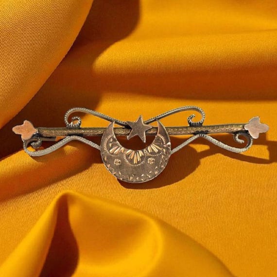 Antique Victorian Moon and Star C Clasp Bar Brooch Antique Celestial Brooch Unique Victorian Pin Antique Moon & Star Bar Pin Victorian Era