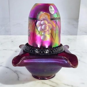 Vintage Fenton Wine Country Ruby Amberina Stretch Fairy Lamp Hand Painted Signed Fenton Fairy Lamp Rare Unique Art Glass Fairy Lamp Fenton