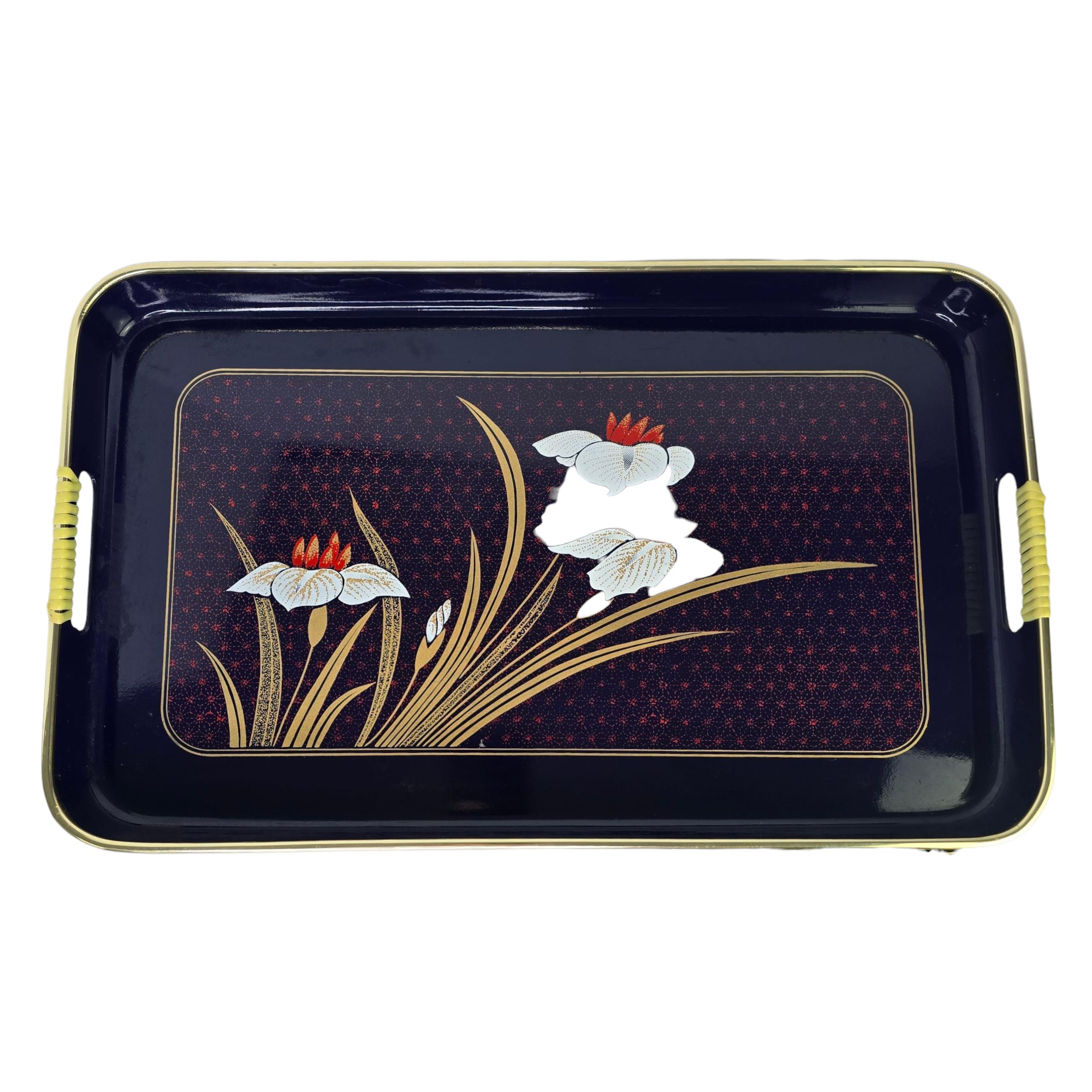 Vintage 3 Piece Black Lacquered Tray Set With Floral Design Trays