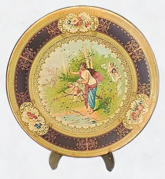 Antique Vienna Art Plate 1905 Metal Lithographed Art Woman and