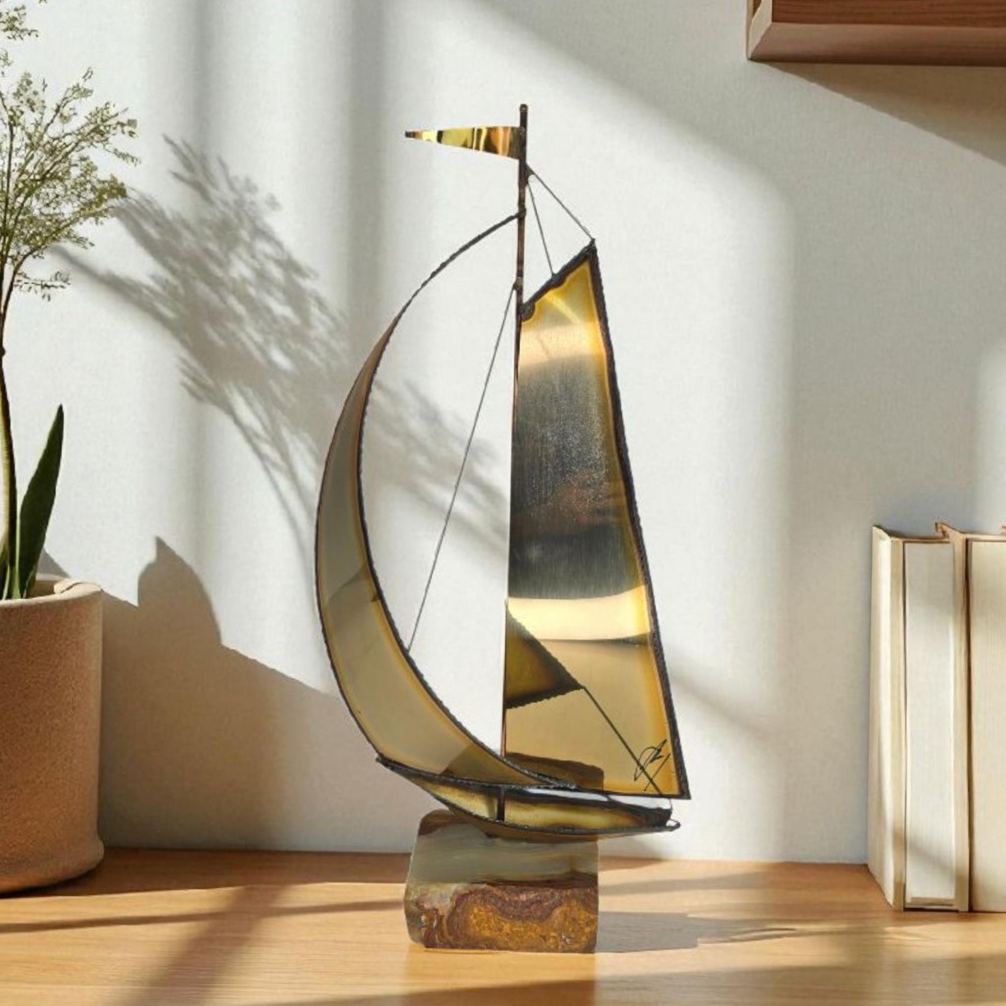 Vintage Signed Mario Jason Brass Sailboat Sculpture Marble Base
