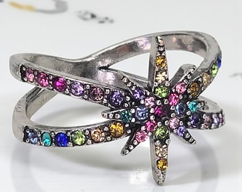 Vintage Kirks Folly Signed Ring Rainbow Rhinestone Star Ring Silver Tone Kirks Folly Jewelry Multicolor Ring Rainbow Colors Ring Size 6.75