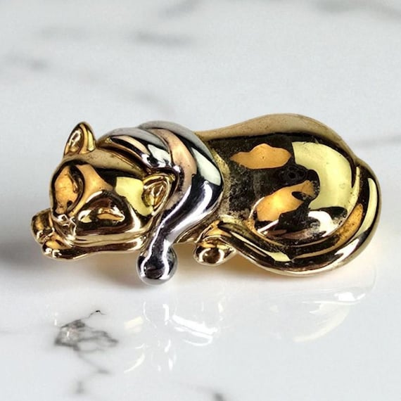 Vintage Liz Claiborne Cat Brooch Two Tone Signed LC Vintage Cat