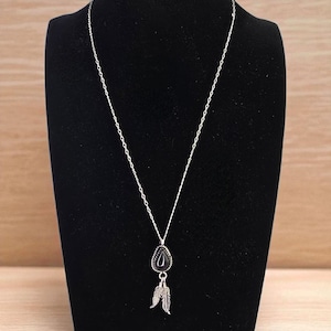 Vintage Navajo Sterling Silver Dangle Feather Pendant Necklace Sterling Black Onyx Navajo Pendant Signed JL Sterling Silver Native Necklace