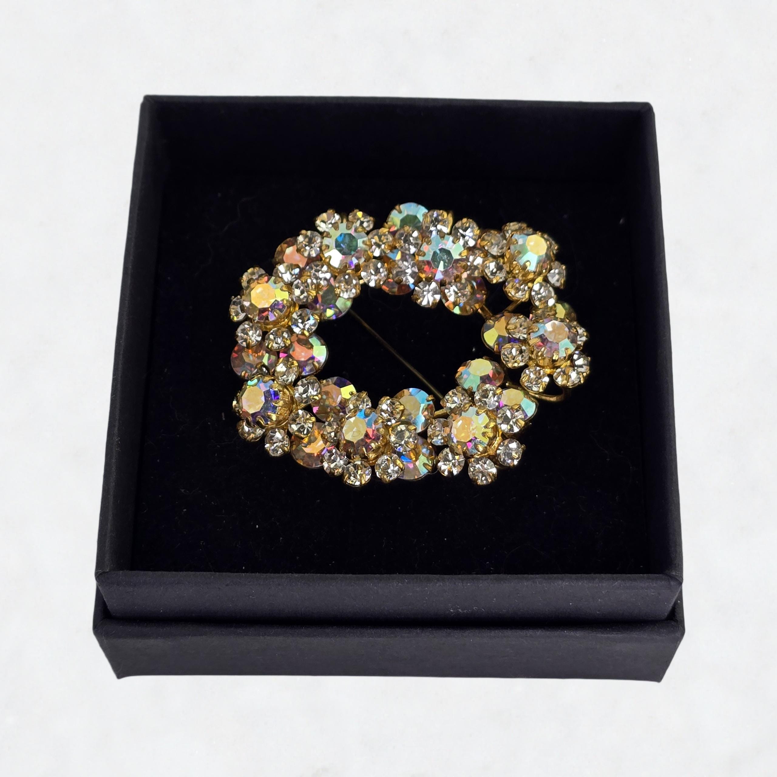 Broche Vintage Feuillage En Cristal Autrichien - Effet Aurore Boréale - Métal Doré - Modèle E150