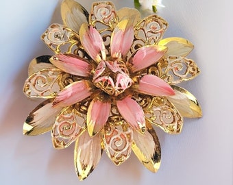 Vintage Pink Flower Brooch Gold Tone Pin Pink Filagree Brooch Retro Style Jewelry Midcentury Flower Pin Pink Gift for Bride Wedding Gift