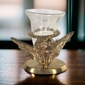 Vintage Solid Brass Angel Candle Holder Vintage Brass Cherub Crackle Glass Candle Votive Holder Brass Vintage Angel Candle Holder Angel Gift