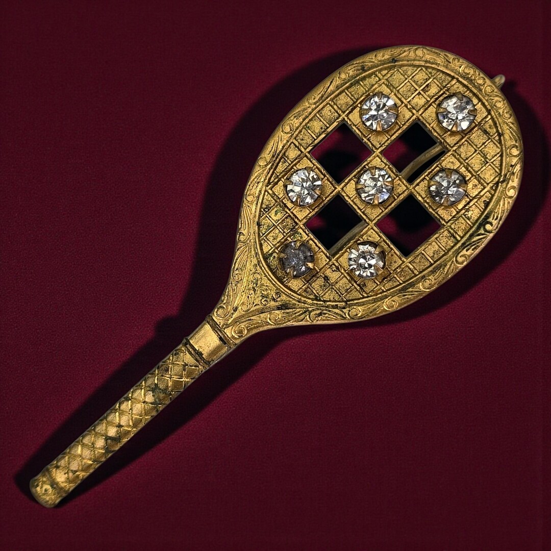 Rhinestone Racket Icon Antique Victorian Gold Filled GF Tennis Racket Rhinestone Accents ...