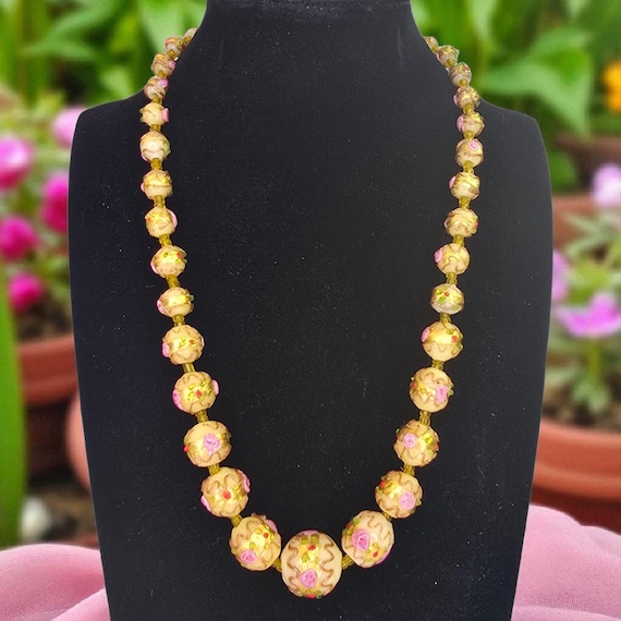 Collier Vintage Perles De Verre Murano - Design Floral Fait Main, Longueur 46-50 Cm - Doré