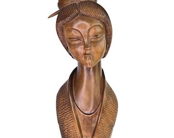 50s ビンテージ 木彫り 彫刻 女性像 胸像 バスト ハンドメイド 当時物 ヴィンテージ 大型 木彫り 芸者 胸像 ミッドセンチュリー 木製 日本人
