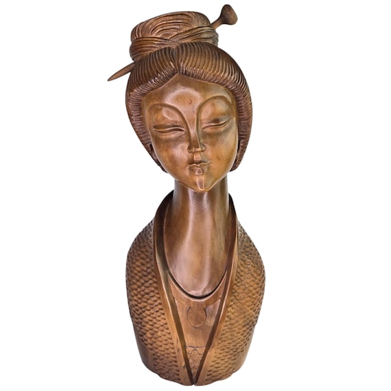 ヴィンテージ 大型 木彫り 芸者 胸像 ミッドセンチュリー 木製 日本人