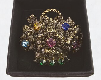 Broche Vintage Panier Aux Oiseaux & Fleurs - Laiton Et Strass Multicolores - Occasion