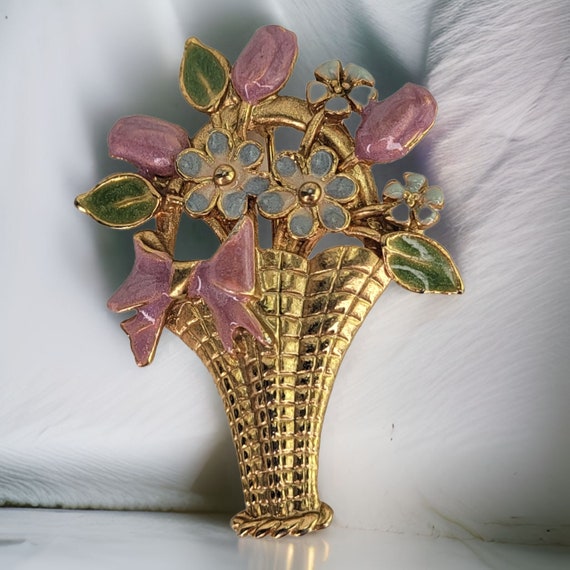 Vintage Flower Brooch Floral Basket Retro Enameled Pin  display picture 1