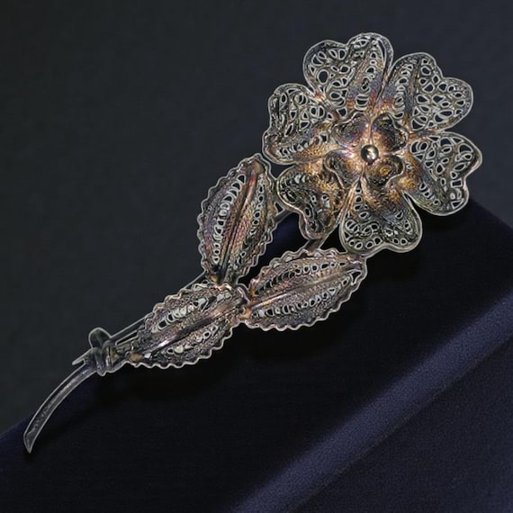 Antique 800 Silver Spun Filigree Flower Brooch Antique Silver