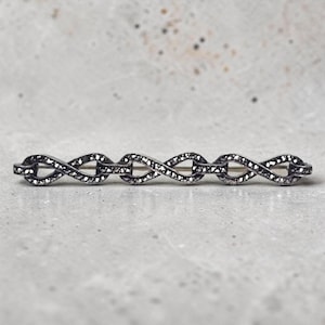 Broche de barra con lazo infinito de marcasita de plata esterlina vintage, estilo art déco, broche de barra con cadena infinita, regalo de joyería eterna para un amigo o ser querido.