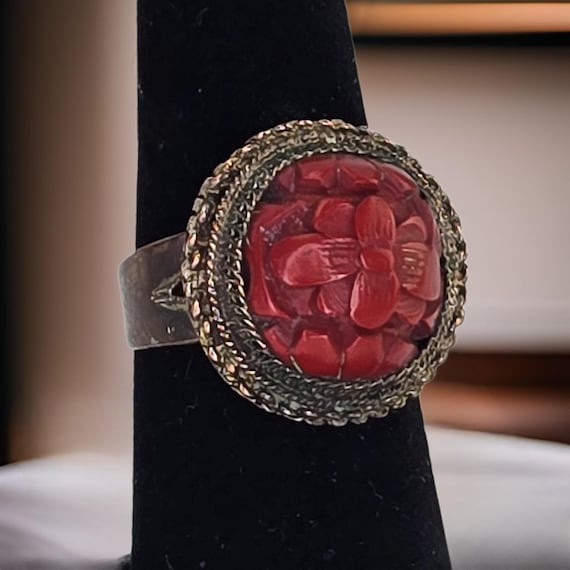 Antique Cinnabar Ring Adjustable Copper Carved Cin