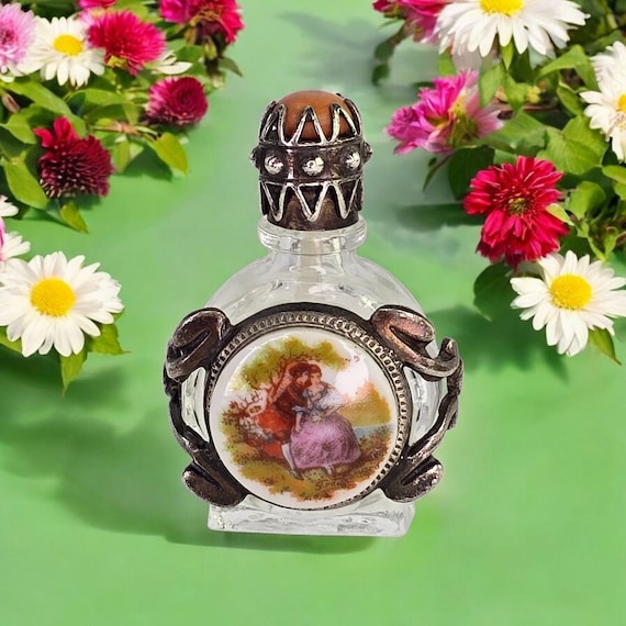 Vintage Silver Tone Metal Encased Miniature Glass Perfume Bottle Victorian Revival Porcelain Courtship Mini Glass and Metal Perfume Bottle