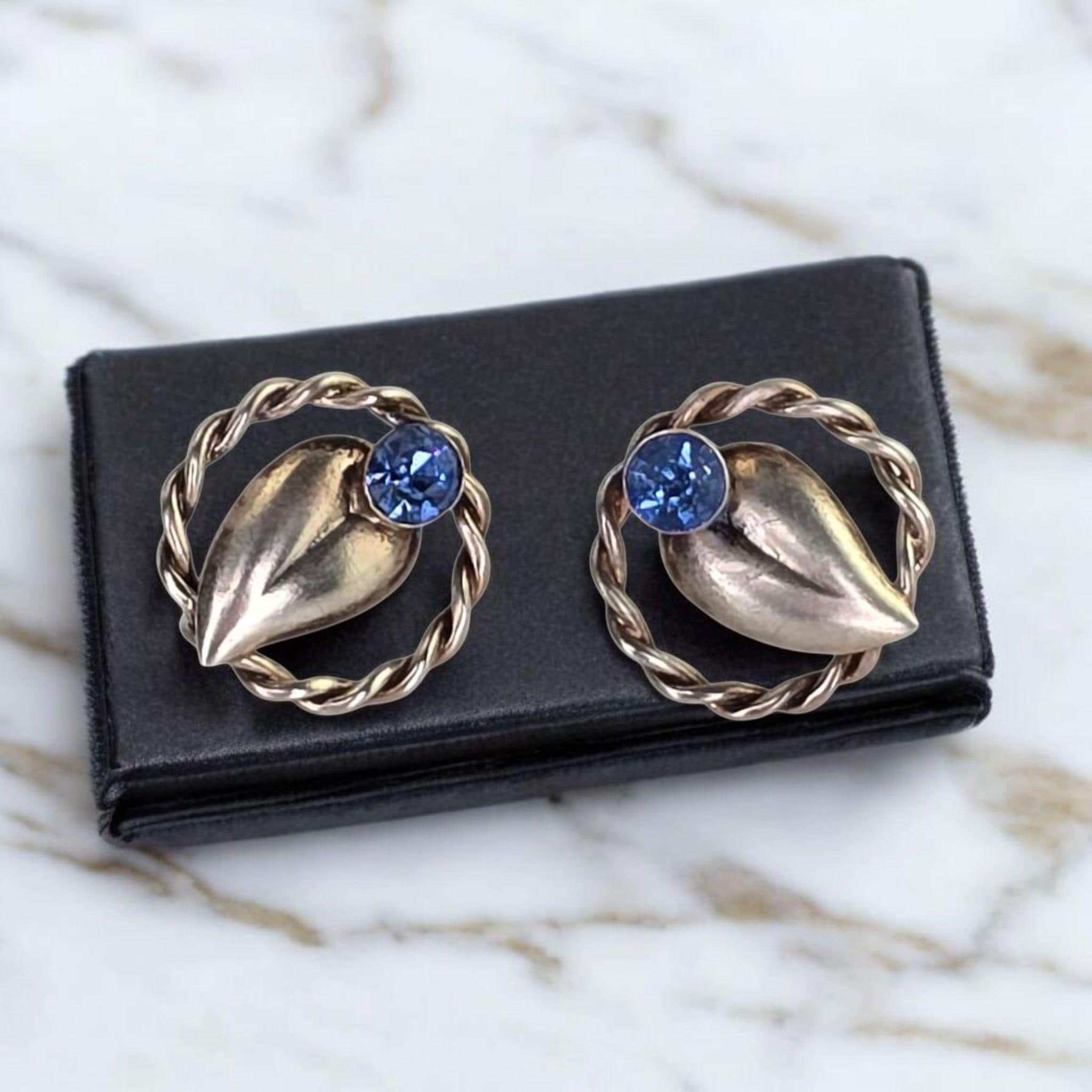 Vintage Sterling Silver Art Deco Blue Rhinestone Earrings Vintage