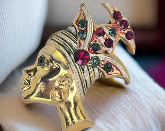 Vintage African American Woman Pin Unique African American Lady Brooch Gold Plated Africana Jewelry Rhinestone Figural Lady Head Brooch