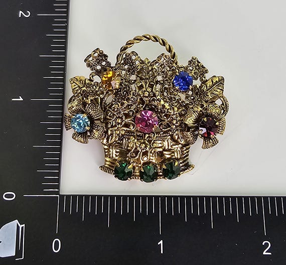 Broche Vintage Panier Aux Oiseaux Et Fleurs - Laiton Et Strass - Occasion