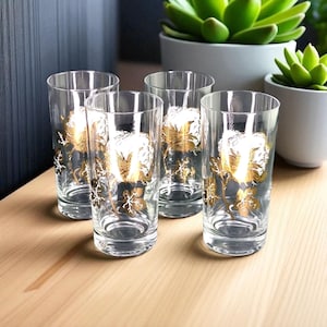 Rare Vintage Set Of 4 Culver Cotton Boll Gold Highball Glasses Midcentury Barware Set Rare Gold Culver Glasses MCM Tall Vintage Bar Glasses